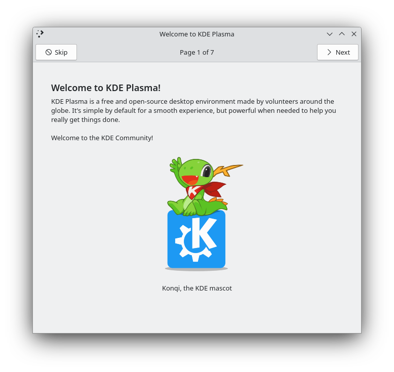 Konqi vous guide dans la configuration de Plasma